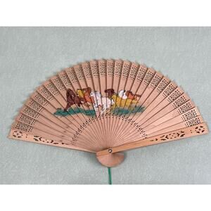 Vintage Chinese Painted Fan Panda Horses Wooden Carved Intricate Ornate Elegant